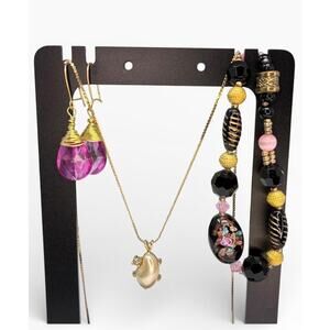 Vintage Art Glass Jewelry Set Black Pink Gold Murano Bracelet Necklace Earrings